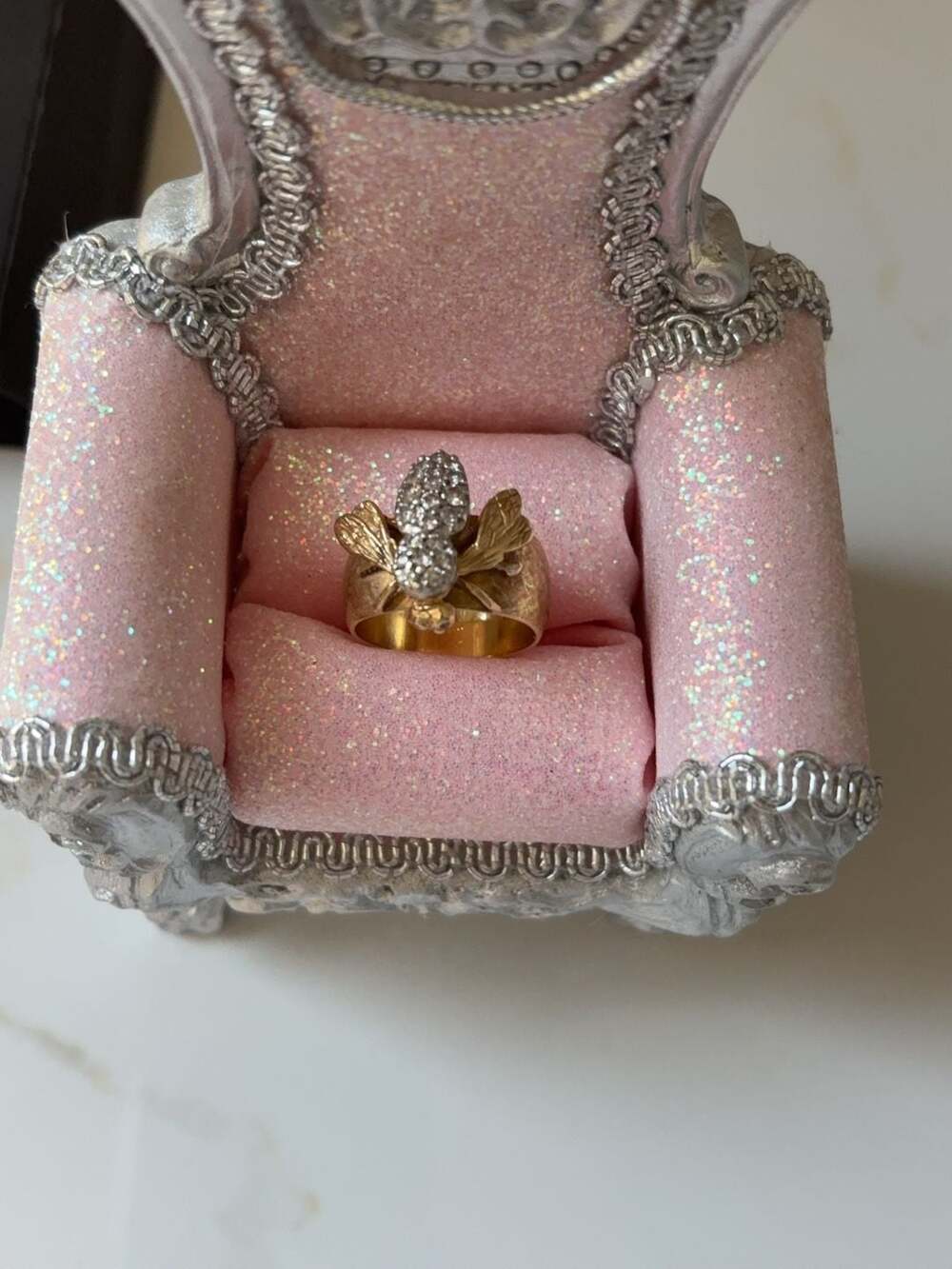 Large Vintage 14K Gold Diamond Bee Statement Ring with Diamond eyes wide band Be